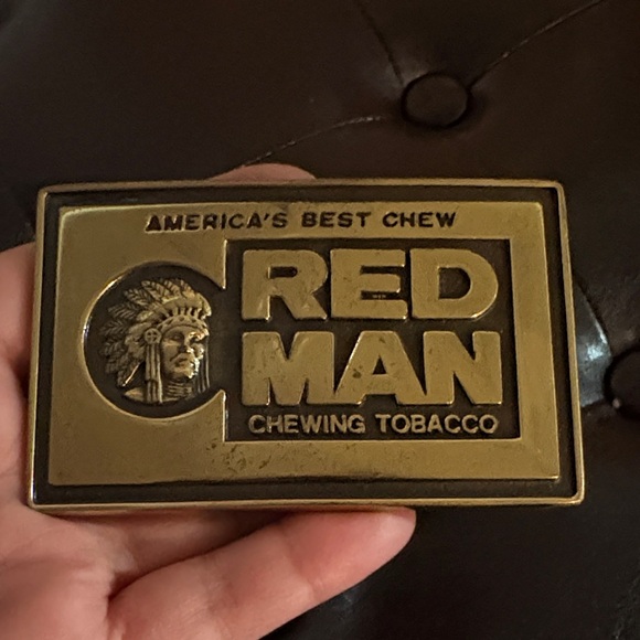 red man tobacco belt buckle Vintage Brass Tournament Trail  Industrial Artifacts 1988 Red Man Chewing Tobacco